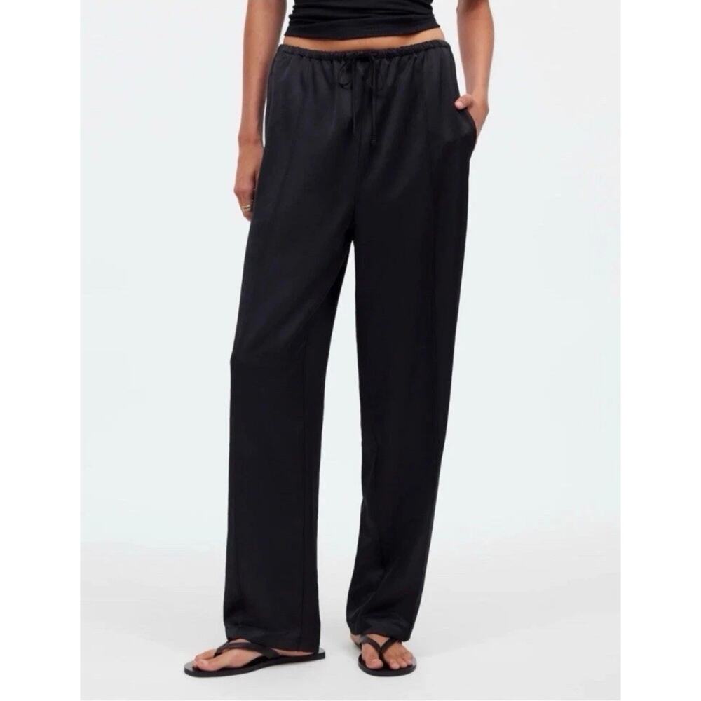 Madewell Pintuck Pull On Satin Pants Drawstring Black SZ XXL EUC